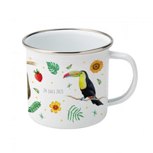 Load image into Gallery viewer, Enamel cup sloth toucan parrot and flamingo with name
