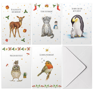 kerstkaarten Mies to Go christmas cards handgeschilderd dieren kerstmis kaartje ansichtkaart postcard greeting card feestdagen nieuwjaarskaart hert luipaard sneeuwpop pinguin uil muisje roodborstje