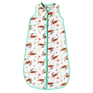 Super soft summer baby sleeping bag of bamboo textile with a sea turtle print size 90