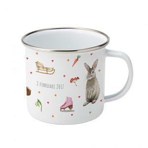 Enamel mug baby giraffe, robin, rabbit custom with name
