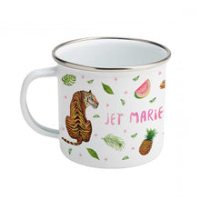 Load image into Gallery viewer, Enamel mug camel tiger and elephant custom with name
