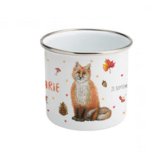 Load image into Gallery viewer, Enamel mug fox rabbit and owl custom with name
