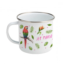 Load image into Gallery viewer, Enamel mug zebra and parrots custom with name
