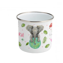 Load image into Gallery viewer, Enamel mug leopard elephant zebra and baby lion custom with name
