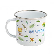 Load image into Gallery viewer, Enamel mug leopard blue tit and chicks custom with name

