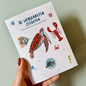 Wenskaarten set kaarten kaartenset met envelop handgeschilderd zeedieren oceaan zeeschildpad vis kreeft zeepaardje kwal krab handgeschilderd Mies to Go aquarel watercolour
