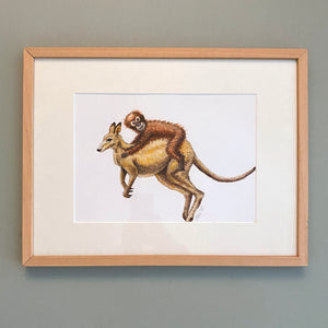 Original watercolour kangaroo with monkey