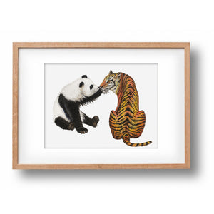 Originele aquarel schilderij panda en tijger