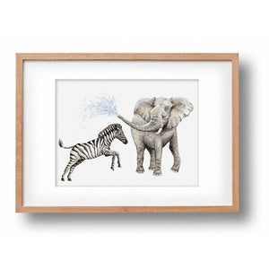 Original watercolour zebra with elephant