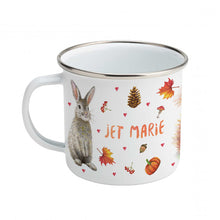 Load image into Gallery viewer, Enamel mug squirrel rabbit and deer custom with name
