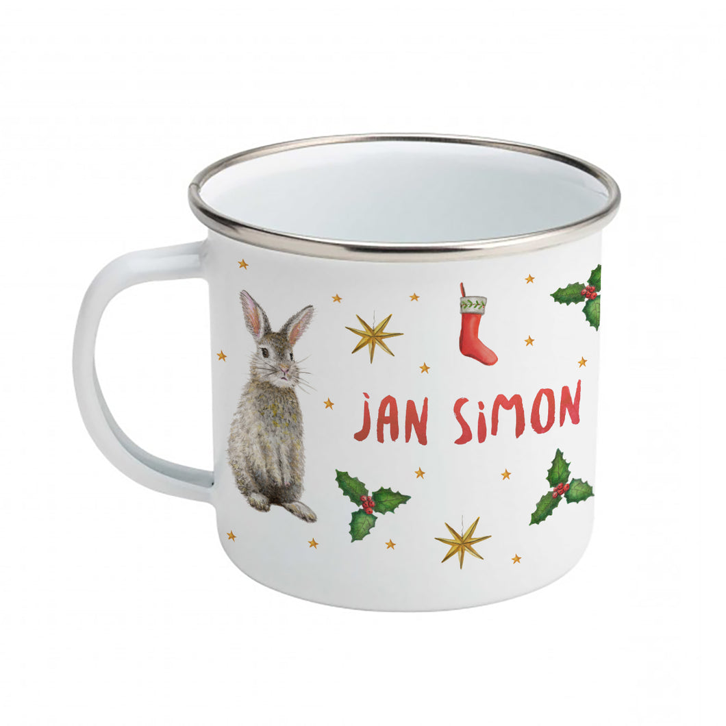 Enamel mug Christmas deer and rabbit custom with name