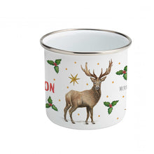 Load image into Gallery viewer, Enamel mug Christmas deer and rabbit custom with name
