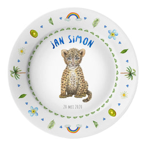 Kids personalized dinner name plate baby leopard 
