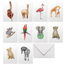 Load image into Gallery viewer, set van 10 blanco wenskaarten tropische dieren
